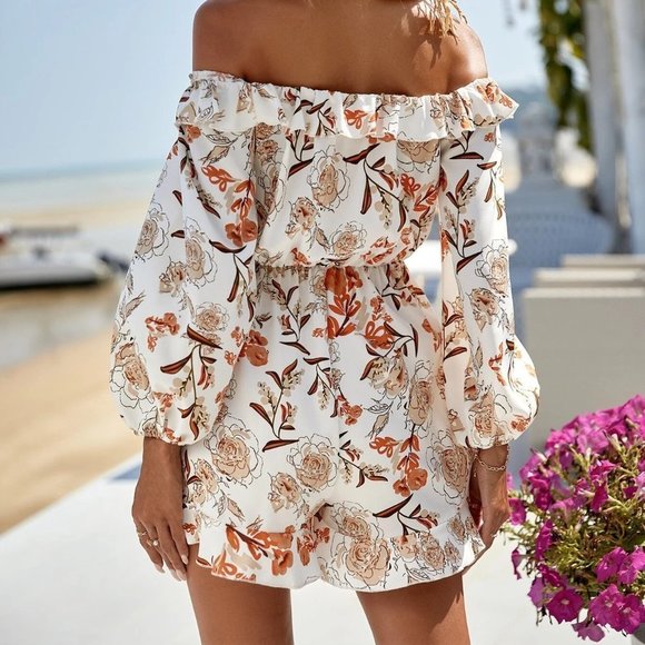 Multicolor Boho Womens Floral Print Off Shoulder Knot Front Romper - Picture 2 of 5